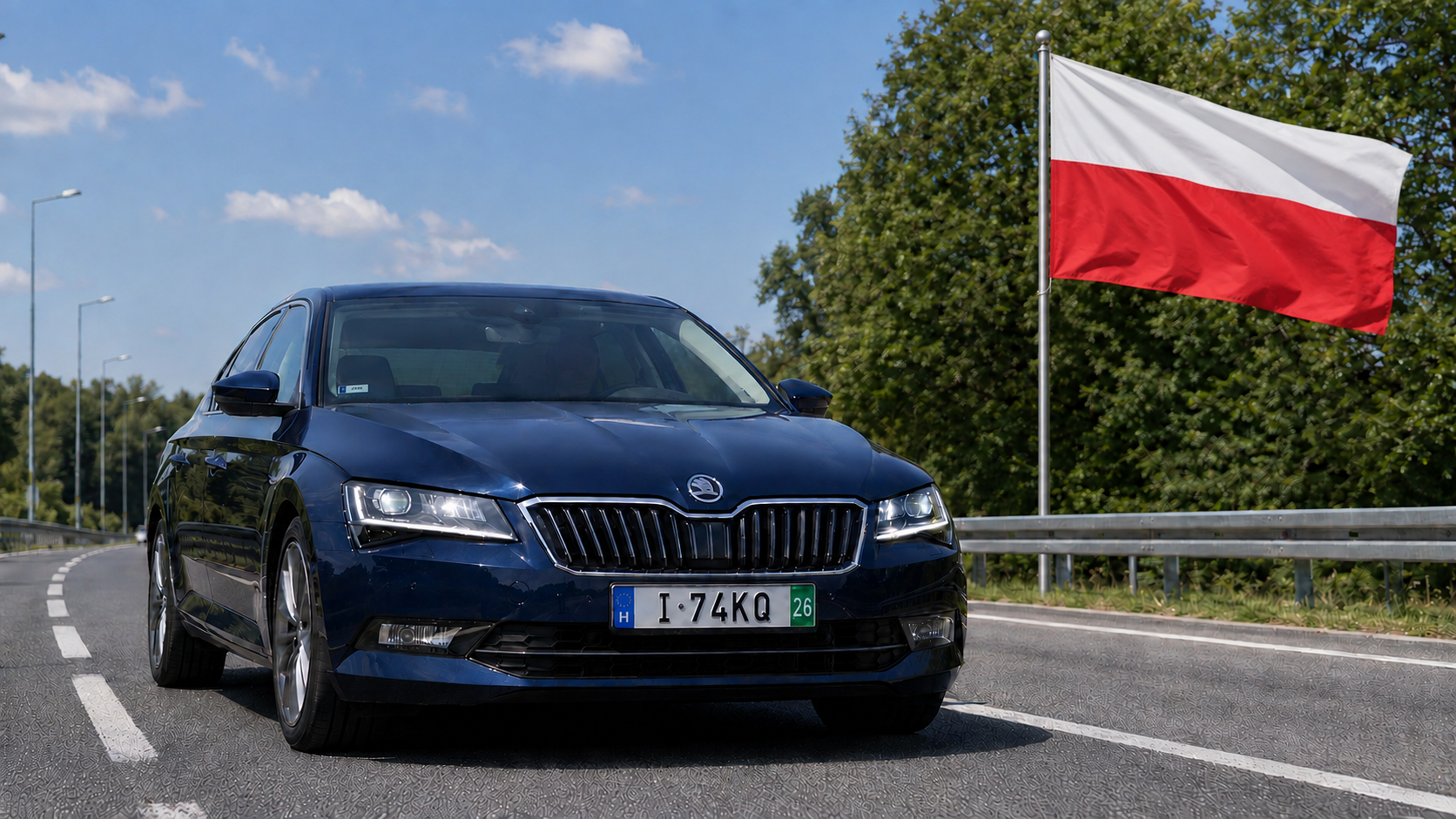 Samochód na węgierskich tablicach tranzytowych podczas przejazdu przez Polskę